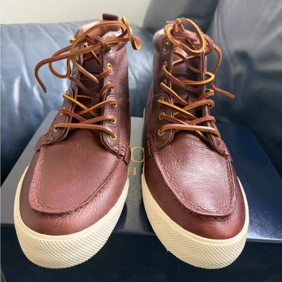 Polo Ralph Lauren Travis Leather High Top Sneakers Brown Size 10.5D New - Picture 7 of 7